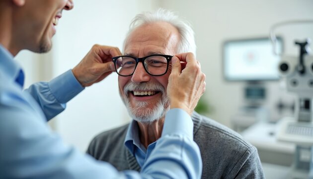 Optometrist fitting glasses on a happy elderly man. Doctor helping senior patient with new eyeglasses in clinic. Eye exam at optical store, healthcare pro, eyecare checkup. - Powered by Adobe