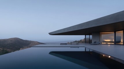 Fototapeta premium Modern minimalist home overlooking a valley with infinity pool. Expansive concrete architecture, serene, panoramic views, peaceful atmosphere