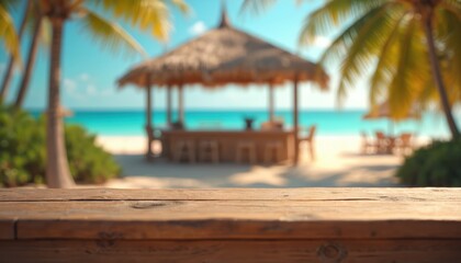 Wooden table foreground with beach bar counter, ocean background. Tropical resort, summer vacation concept. Travel advertising banner, product display, marketing. Empty copy space for design product
