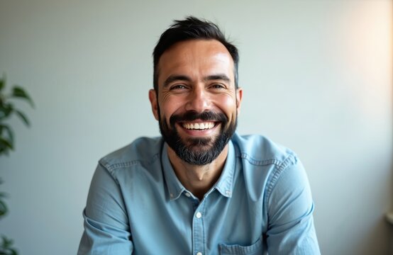 Smiling man with beard looks directly at camera. Happy adult male portrait with positive expression. Video conference, webinar, online meeting, communication. Remote work, telework, work from home,