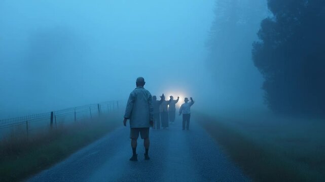 Man Leads Tai Chi Group in Early Morning Fog Generative AI