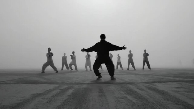 Tai Chi Leader Guides Group in Morning Foggy Park Generative AI