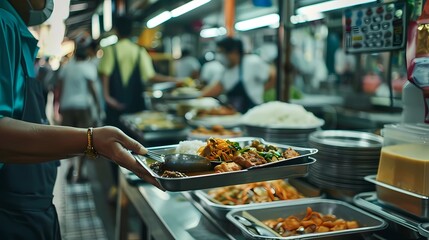 A  hands carrying a tray of food at Singapore hawker centre looking for a table, Generative AI illustrations.