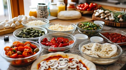 The scene feature pre-made pizza dough, bowls filled, various toppings like mozzarella cheese, pepperoni, mushrooms, bell peppers, and olives, Generative AI illustrations.