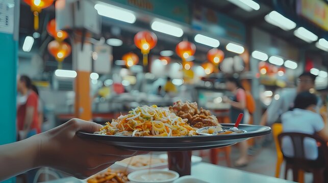 A  hands carrying a tray of food at Singapore hawker centre looking for a table, Generative AI illustrations.