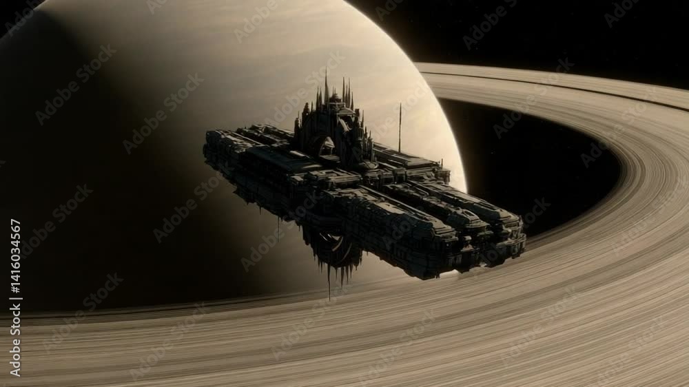 Poster massive alien construct hovering near planetary rings in deep space generative ai