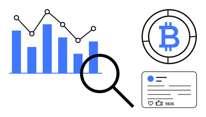 Bar graph with magnifying glass, cryptocurrency coin, and social media card. Ideal for finance, cryptocurrency, analytics, social media, digital marketing, technology and simple landing page