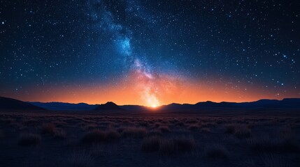 Obraz premium Celestial Serenity: Milky Way Splendor Above the Mountainous Horizon