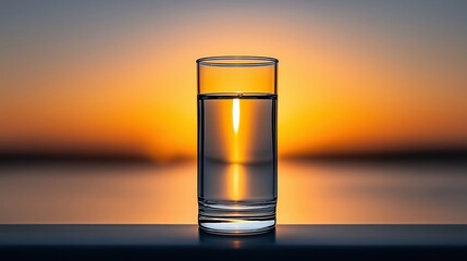 Glass of water silhouetted against a sunset backdrop.