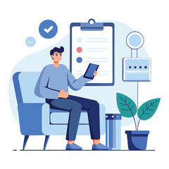 
Doctor Reviewing Digital Documents on Tablet – Modern Clinic Vector Illustration