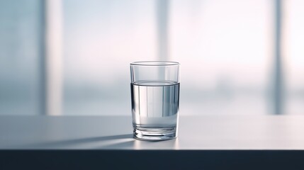 Glass of water on a table with soft background lighting.