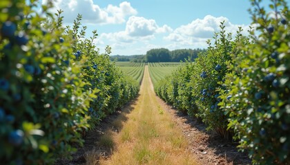 Fototapeta premium Blueberry farm view under clear sky. Blueberry bushes filled ripe berries. Agriculture, harvest, farming concept. Scenic view with row crops. Healthy organic fruit, fresh berries on the bush.