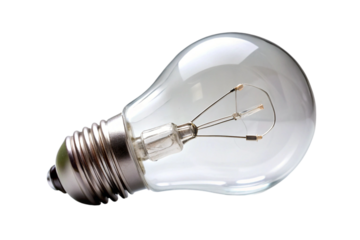 Vintage style incandescent light bulb with metal screw base and glowing filament on Transparent Background