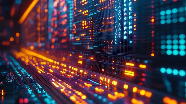 Data Server Photo Showing Network Activity With Glowing Lights And Digital Information