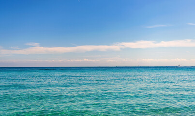 Idyllic summer vacation. Caribbean sea. Rippled surface. Ocean beach. Seascape horizon. Sea water...