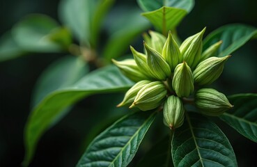 Fresh cardamom plants show vibrant green leaves with subdued lighting. Close-up organic fresh spice ingredient. Herbal leaves, botanical details create natural feeling. Harvest of cardamom, tropical