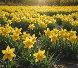 Fototapeta premium Sunlit field of vibrant yellow daffodils in full bloom , spring, growth