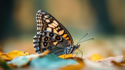 Obraz premium Autumn butterfly forest closeup leaf macro nature