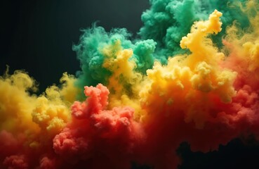 Colorful abstract smoke explosion on black background. Green yellow red smoke cloud waves. Reggae concept art, Rastafarian culture, Jamaica flag colors.