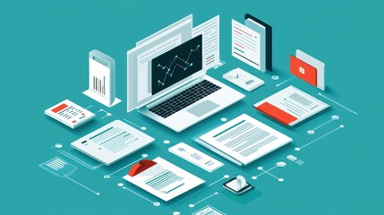 Digital Workspace Data analysis on laptop, documents, charts, teal background; website illustration