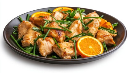 Fototapeta premium Seared chicken with orange slices and chives. A plate of browned chicken pieces, drizzled with sauce, topped with orange slices and fresh chives