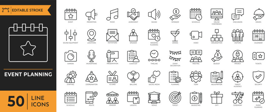 Event planning icon set. Containing decorations, venue, event planner, registration, entertainment, catering, invitations, coordination and more. Vector illustration