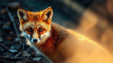 Fototapeta premium Majestic red fox gazing intensely in the golden light.