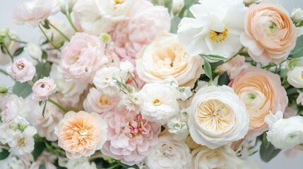 Lush arrangement of romantic garden flowers featuring ivory garden roses, blush peonies, creamy ranunculus, and delicate white anemones in soft pastel hues.