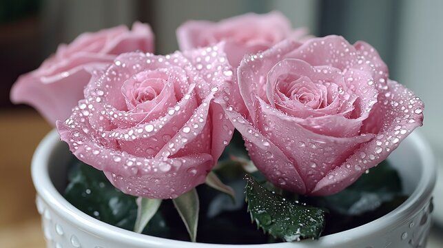 Dew-kissed pink roses blooming in white pot