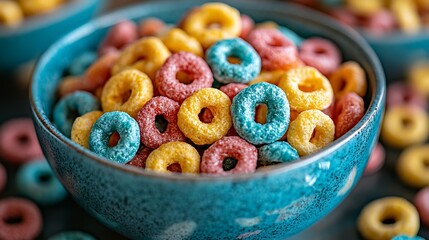 Rustic blue bowl filled with colorful cereal rings. Bright and playful breakfast setting. Joyful morning vibes captured for National Cereal Day food celebration
