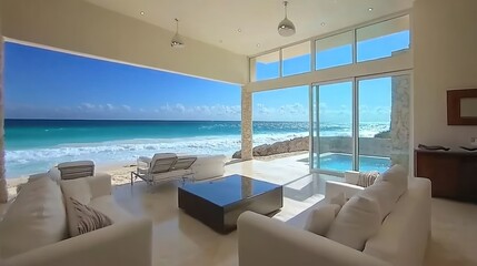 Oceanfront villa living room, turquoise sea view, waves crashing, luxury vacation rental