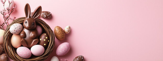 Festive Easter composition featuring chocolate bunny in a wicker basket with colorful speckled eggs and straw against a soft pink background.