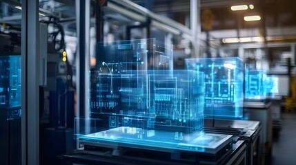 Naklejka premium A factory floor with a blue screen showing a building. The building is made of cubes and is surrounded by other cubes. The blue screen is glowing and he is a projection of the building