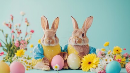 Obraz premium Adorable rabbits photographed with Easter eggs and seasonal flowers against a simple background, perfect for spring holiday themes.