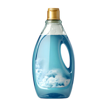 Blue Liquid Detergent Bottle with White Foam Clouds in Transparent Packaging
