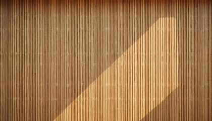 Bamboo background texture with sunlight. Thatch wooden wall structure, vertical lines pattern. Natural wood, straw surface details. Abstract design wallpaper, brown, tropical.
