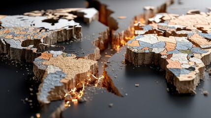 Global Divide: Earth Map Fragmenting with Glowing Cracks, Symbolic of Discord and Shifting Landscapes
