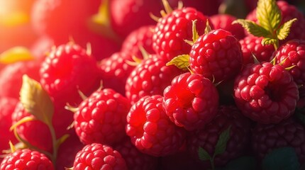 Fresh ripe raspberries glowing in sunlight.