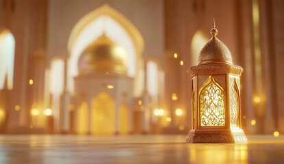 Fototapeta premium Golden lantern in a mosque. Soft, warm light illuminates the interior