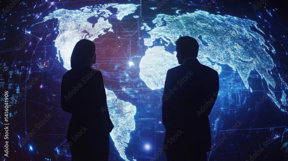 Wall mural two businesspeople are observing a futuristic digital world map displaying global network connection