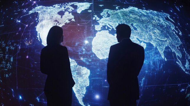 Two businesspeople are observing a futuristic digital world map displaying global network connections, suggesting strategic planning and analysis in a globalized business environment