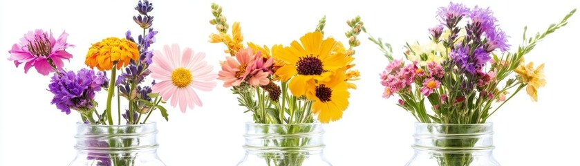Fototapeta premium Colorful Flower Arrangements in Clear Vases