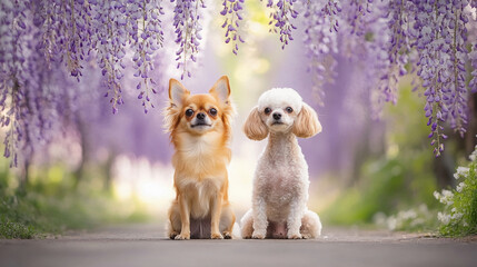 Chihuahua and Toy Poodle sitting under wisteria flowers
