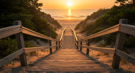 A serene collection of scenic beach pathways and wooden stairs at sunset, capturing peaceful coastal moments, golden light, and nature’s tranquil beauty.