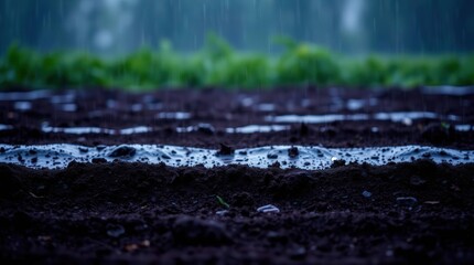 Rain falling on freshly tilled soil in a field.