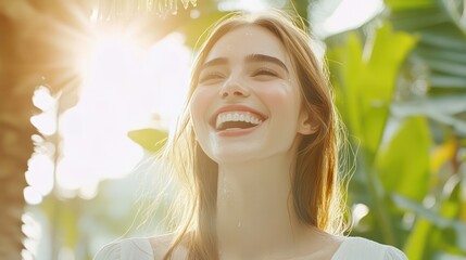 Fototapeta premium Happy woman laughing outdoors, sunlight, tropical plants, skincare ad