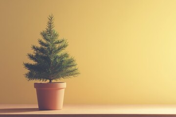Fototapeta premium Small christmas tree in terracotta pot against a pale yellow wall.