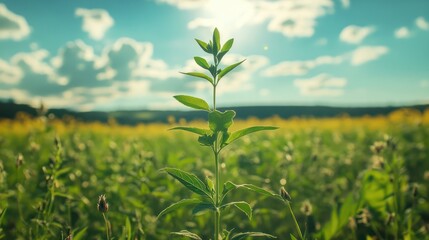 Fototapeta premium Plant growing, sunny field, rural landscape, agriculture, spring