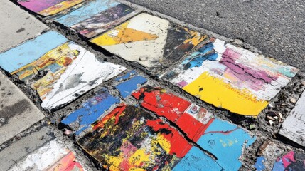 Fototapeta premium Fragments of colorful political posters glued on a sidewalk with damaged and cracked tiles create an abstract textured background, suggesting decay and the ephemeral nature of political messages