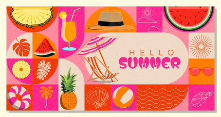 summer, vacation, tropical,illustration , Vibrant collage with deck chairs, pineapple, watermelon, and beach motifs, perfect for summer ads, party invitations, or seasonal promotions
